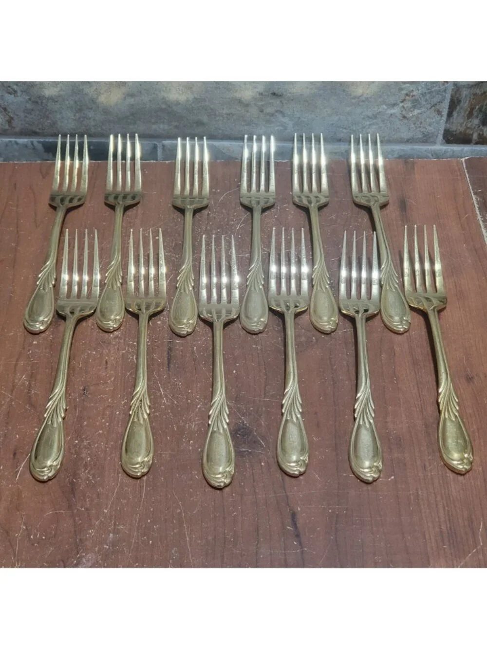 36 Piece Classic Plume Gold Electroplated Flatware Marked Stainless Steel Korea